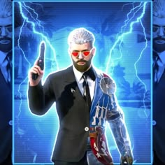 a man in a suit and tie holding a cell phone up to his face with lightning behind him