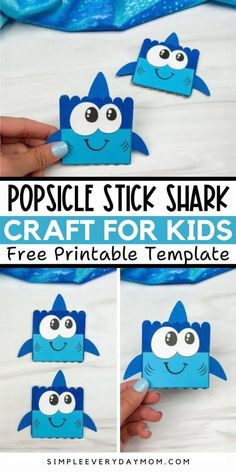 popsicle stick shark craft for kids with free printable template and instructions to make it