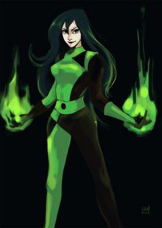 a drawing of a woman in green and black with her hands out to the side