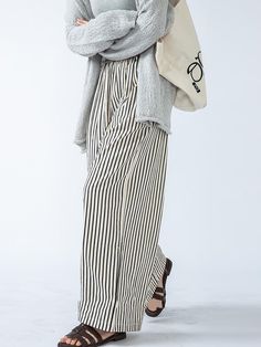 High Waisted Loose Split-Joint Striped Pants Trousers STRIPED-M Styling Striped Pants, Striped Cotton Wide Leg Pants, Baggy Striped Wide Leg Bottoms, Striped Baggy Wide Leg Bottoms, Trendy Striped Pants For Loungewear, Trendy Striped Long Pants, Fall Striped High-waisted Pants, Baggy Striped Bottoms For Spring, Striped Wide Leg Bottoms For Fall