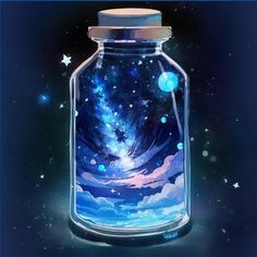 a glass jar filled with water and stars in the night sky, on top of a blue background