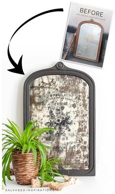 a potted plant sitting on top of a table next to a mirror