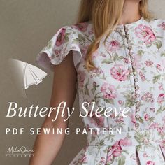 a woman wearing a white dress with pink flowers on it and the words butterfly sleeve sewing pattern