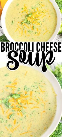 broccoli cheese soup in two white bowls