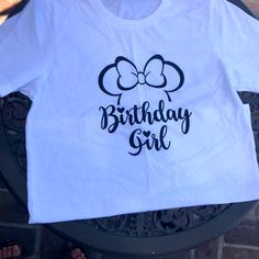 Disney Birthday Girl T-Shirt. Diy. Never Used. Glitter Black Vinyl For Print. 100% Cotton. White Bella-Canvas Brand T-Shirt. Disney Cotton T-shirt For Birthdays, Disney Short Sleeve Top For Birthday, Disney Crew Neck Top For Birthday, Cute Minnie Mouse Tops For Birthday, Cute Minnie Mouse Top For Birthday, Birthday Girl T Shirt, Shirt Diy, Disney Birthday, Girl T Shirt