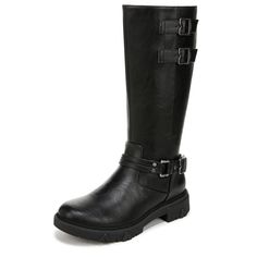 PRICES MAY VARY. STYLE: Womens tall boots with iconic buckle and strap detailing, stitch details, and 1 1/2 inch lug sole. Calf circumference 11 2/3 inch and boot shaft height 5 2/3 inch. Note: Measurements based on size 6 boot. For each half size larger, shaft height increases by .12 inches, circumference by .20 inches. FIT: Inside zip and hidden stretch gore for easy on/off. MOVEMENT: Lightweight, flexible construction moves with you. MATERIALS: Low chemical faux leather upper. SUSTAINABLE COM Casual Wide Calf Moto Boots For Winter, Casual Fitted Mid-calf Moto Boots, Casual Knee-high Moto Boots With Buckle Closure, Casual Knee-high Moto Boots With Buckle, Casual Combat Boots With Buckle Closure For Winter, Casual Moto Boots With Buckle Closure For Work, Casual Moto Boots With Buckle For Workwear, Casual Knee-high Winter Boots With Buckle Closure, Black Casual Knee-high Boots For Outdoor