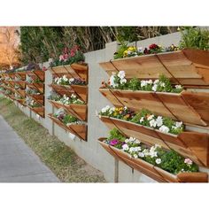 a row of wooden planters filled with flowers