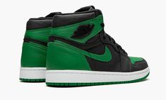 The Air Jordan 1 High “Pine Green” is the high-top version of Michael Jordan’s first signature model in yet another clean color scheme.  Using the team uniform colors of the Boston Celtics as inspiration, the “Pine Green” makeup features a premium black leather base on the mid-panel, forefoot and collar.  Green leather on the Swoosh, perforated toe, ankle collar, and heel contrasts the look.  A blacked-out Wings logo can be found on the collar with contrasting red Nike Air detailing on the tongu Air Jordan 1 Pine Green, Jordan 1 Pine Green, Zapatillas Jordan Retro, Latest Jordans, Black Jordans, Jordan Retro 1, Nike Dunk High, Air Jordan 1 Retro High Og, Air Jordan Retro