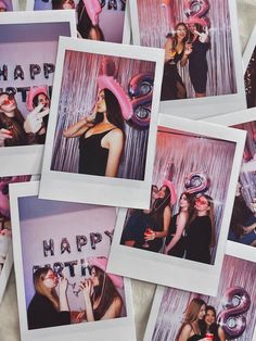 several polaroid photos of women in party hats and balloons with the words happy birthday written on them