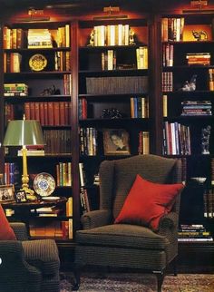 a living room filled with lots of furniture and bookshelves full of books on top of them