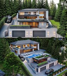 an aerial view of a modern house in the middle of some trees and cars parked on the driveway