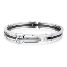 Handcuff jewelry is a stylish way to enhance your wardrobe and is a great anniversary gift for men. This men's CZ bracelet is 100 percent stainless steel bangle featuring a single line of carbon fiber. The beautiful carbon is bezel set subtly on this stylish stainless steel cuff bracelet. These men's handcuff bracelets open like its namesake on a hinged clasps to lock it securely around your wrist. Get One, get two wear them however you like. Size: One Size.  Color: Silver.  Gender: male.  Age Group: adult. Modern Gunmetal Jewelry With Bracelet Strap, Modern Gunmetal Jewelry With Stainless Steel Clasp, Modern Gunmetal Bracelets For Formal Occasions, Masculine Black Stainless Steel Bracelets, Masculine Black Stainless Steel Jewelry, Modern Black Stainless Steel Cuff Bracelet, Black Stainless Steel Business Jewelry, Modern Black Metal Bangle, Formal Stainless Steel Cuff Bracelet With Polished Finish