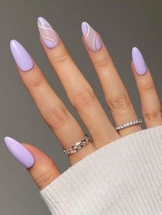 light purple almond nails with swirls Light Purple Nails, Lilac Nails, Purple Acrylic Nails, Milky Nails, Purple Nail Designs, Lavender Nails