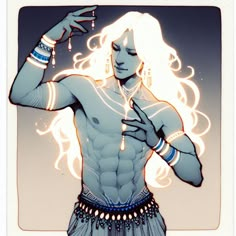 a drawing of a man with long white hair and no shirt on, holding his hands up to his chest