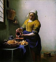 a painting of a woman pouring something out of a pot on top of a table