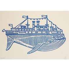 a drawing of a whale with a boat on it's back in blue ink