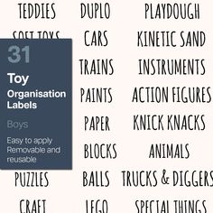 some type of font that is used to spell out the names for different types of toys