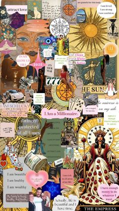 the collage shows many different types of artwork and words on it's surface