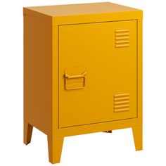 a yellow metal cabinet with two doors