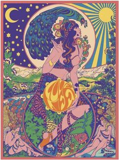 an art nouveau poster with a woman holding a ball in her hand and the moon above it