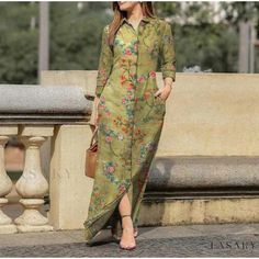 Lasaky - Casual Print Pocket Lapel Button Long Dress with a Relaxed Fit Button Maxi Dress, European Casual, Long Dress Casual, Elegant Dresses For Women, Printed Cardigan, Pocket Shirt, Long Sleeve Maxi, Button Dress, Types Of Skirts