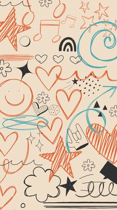 an abstract background with hearts, stars, and other doodles in orange, blue, black, and white