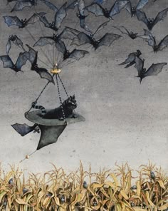 bats flying in the sky over a black cat on a swing with chains attached to it