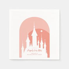 a pink and white card with an image of a castle