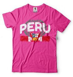 "Peru T-Shirt Peru Flag Peruvian Diaspora Nationality Patriotic Tee Shirt This ULTRA COTTON UNISEX T-shirt is made of Pre-shrunk 100% cotton, 6.1-ounce. * Seamless double-needle 7/8\" collar, Double-needle sleeves and hem, Taped neck and shoulders Our T Shirts and Hoodies are Printed by advanced technology Digital Printer on 100% Ultra Cotton tees and hoodies . We use waterbased textile ink, Safest ink type for everyone. Each T shirt is Made individually and double checked for quality before sen Pink Cotton Fan Apparel Tops, Pink Cotton Shirt With Front Print, Pink Crew Neck T-shirt For Fans, Peru Jersey, Pink Crew Neck T-shirt Fan Apparel, Patriotic Tee Shirts, Peru Flag, New Zealand Flag, Patriotic Tees