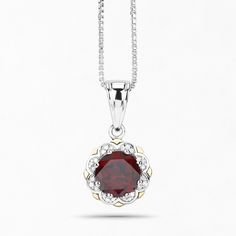 "Garnet Pendant, Natural Red Garnet Round and White Diamonds Pendant Necklace in Sterling Silver & 14K Yellow Gold, January Birthstone Flaunt Yourself With This Garnet And White Diamond halo Pendant. The Natural Gemstones Have A Combined Weight Of 2.32 Carats And Are Set In 14K Yellow Gold With .925 Sterling Silver. The Red Hue Of This Pendant Necklace Adds A Pop Of Color To Any Look! The Understated Design And Vibrant Stones Makes This Pendant Necklace Perfect For Every Occasion. Product De Elegant Red Diamond-cut Necklace, Elegant Red Diamond Cut Necklaces, Elegant Red Diamond Cut Necklace, Classic Red Hallmarked Necklace, Red Diamond-cut Necklace In Fine Jewelry Style, Garnet Birthstone Fine Jewelry Necklace, Garnet Birthstone Necklace In Fine Jewelry Style, Red Diamond-cut Necklace For Anniversary, Garnet Birthstone Necklaces In Fine Jewelry Style