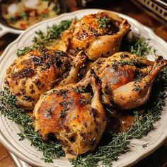 a white plate topped with roasted chicken and garnished with fresh herbs next to silverware