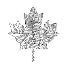 a drawing of a maple leaf with beads and leaves on the end, in white ink