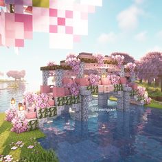 Cute Bridges In Minecraft, Huge Bridge Minecraft, Wedding Venue Minecraft, Cute Minecraft Base Ideas, Ldshadowlady Minecraft Builds, Minecraft Pretty Builds, Girly Minecraft Builds Cottagecore, Pink Mansion Minecraft, Minecraft Cherry Blossom Archway