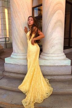 mermaid lace yellow long prom dress with slit Yellow Fitted Prom Dresses, Yellow Grad Dresses, Prom Dresses Yellow Long, Yellow Glitter Dress, Pale Yellow Prom Dress, Yellow Prom Dress Mermaid, Yellow Formal Dresses, Light Yellow Prom Dress