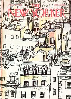 a drawing of new york city with the words new york written in red on it