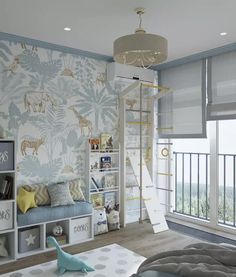 a child's bedroom decorated in blue and white