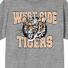 Show some team spirit with this Vintage Sport tee. The shirt features a tiger mascot while orange letters around the image read, "West Side Tigers." The tee comes in a heather gray short sleeve crew neck. Sports fans will love this comfortable t-shirt. Mascot T-shirt For Sports Season Fan Merchandise, Sports Season Mascot T-shirt For Fans, Team-colored Short Sleeve T-shirt With Mascot, Fan Apparel T-shirt With Mascot, Mascot T-shirt For Fans, Short Sleeve, Collegiate Style T-shirt With Mascot For Fans, Collegiate Mascot T-shirt For Fans, Collegiate Mascot T-shirt For Fan Gear, Collegiate T-shirt With Mascot For Fan Gear