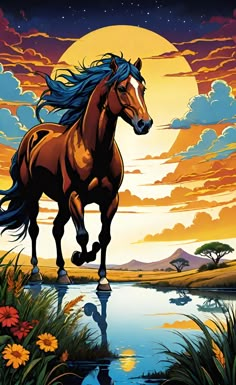 a painting of a horse running across a river at sunset with the sun in the background