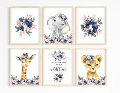 four watercolor prints with animals and flowers on the bottom one is blue, the other is pink