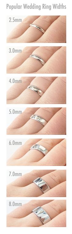 four different types of wedding rings on someone's hand with measurements for each ring