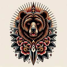 A dramatic clash of elements, where a bear’s power is juxtaposed with the piercing edge of a dagger and the fiery intensity of a blood-red sun. Snake And Bear Tattoo, Bear Tattoos Traditional, Traditional American Tattoo Design, Tropical Traditional Tattoo, Traditional Panda Tattoo, Old School Bear Tattoo, Traditional Bear Head Tattoo, Tattoos For Guys Traditional, Bear Traditional Tattoo