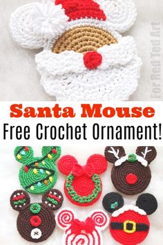 crochet santa mouse christmas ornament is shown with the words, free croche