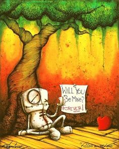 a painting of a robot sitting under a tree with a sign that says will you be mine forever?