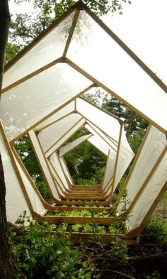 an outdoor structure made out of glass in the woods