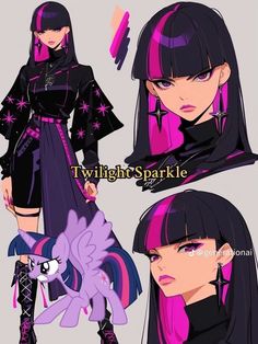 the twilight sparkle character is shown in three different poses