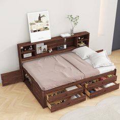 a bed that has drawers underneath it