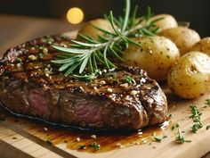 a steak and potatoes on a cutting board