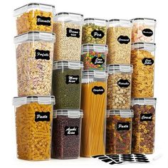 a stack of plastic containers filled with different types of cereals and pastasticks