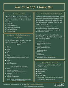 a green and gold poster with instructions on how to set up a home bar