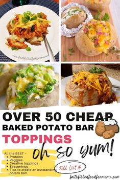 an advertisement for baked potato bar with pictures of different types of food on the table